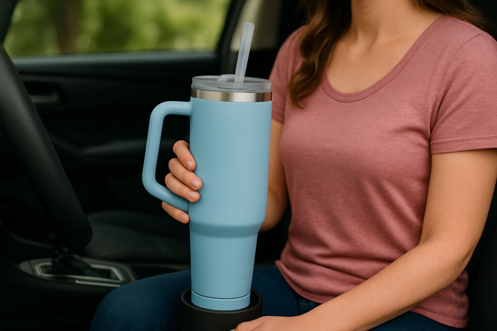 Woman holding a Stanley 40oz tumbler in a car, insulated travel mug for cold drinks, leakproof and durable hydration bottle